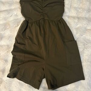Olive Green Strapless Romper with pockets